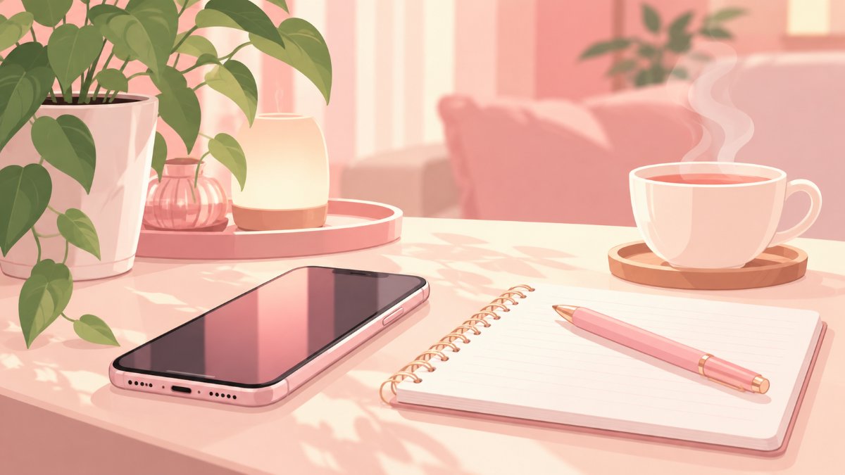 予約の電話のイメージイラスト。テーブルに置かれたスマートフォンとメモ帳